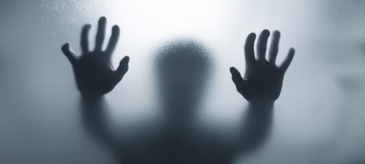 The haunting silhouette of a person behind foggy glass