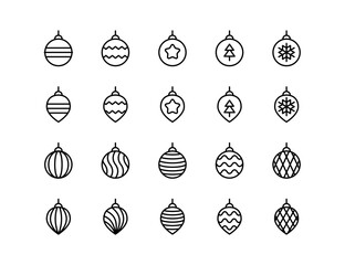 Christmas Ornaments Vector Icon Set | Adjustable Line Weight | Baubles, decorations, tree, festive, holiday, snowflake, star, striped, pattern, winter, celebration icons