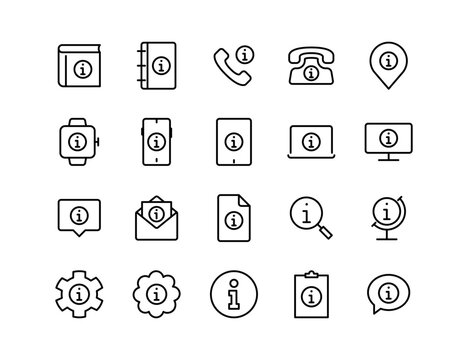 Information Vector Icon Set | Adjustable Line Weight | Smartwatch, smartphone, laptop, help, info, contact, guide, support, search, communication, globe, book icons