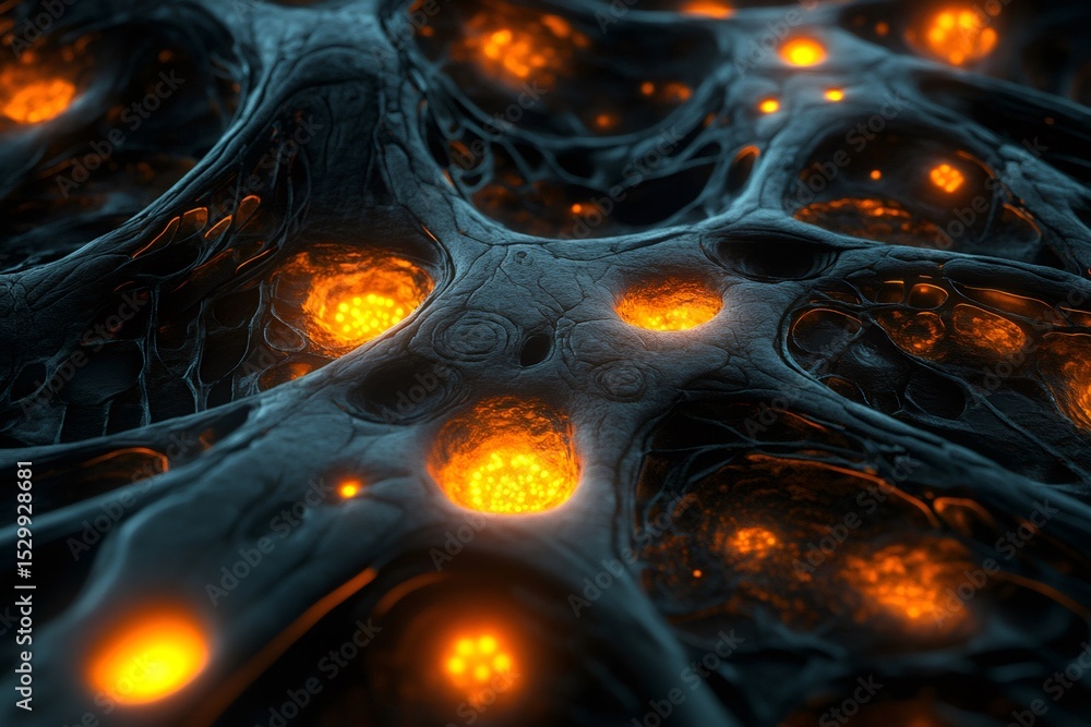 Poster orange dots of light are glowing inside an abstract composition of a digital neural network with a d