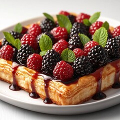 Fresh berry tart with raspberry and blackberry on pastry base  