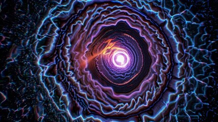 a vibrant abstract vortex with glowing concentric rings radiating outward from a bright center. The composition appears energetic and dynamic, featuring neon colors such as blue, - Powered by Adobe