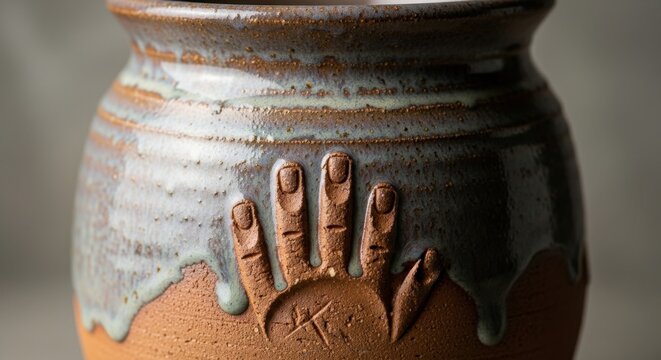 Hand-engraved ceramic pot with blue glaze and artistic texture
