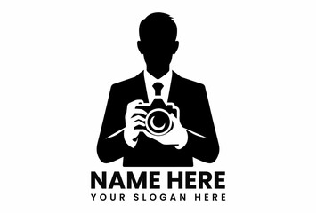 Professional black silhouette vector logo of male photographer holding camera for photography business branding