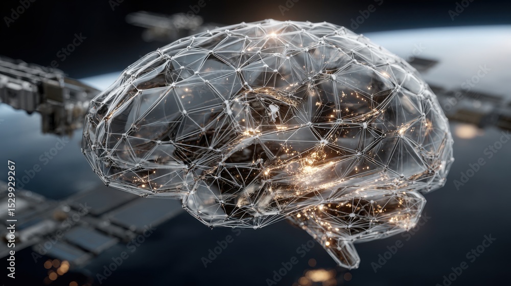 Poster a futuristic visualization shows a translucent brain made of interconnected lines and lights floatin