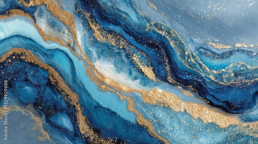 Poster vibrant blue and gold colors intermingle in dynamic patterns, creating a striking abstract design th