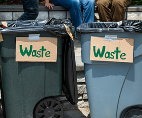 Trash Cans with Waste Signs on them 