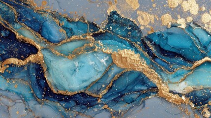 Fototapeta premium An abstract composition showcases rich blue tones interlaced with shimmering gold accents, creating a striking visual effect.
