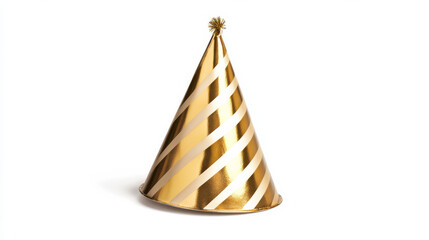 Fototapeta premium A shiny golden foil birthday hat with diagonal stripes, isolated with no background