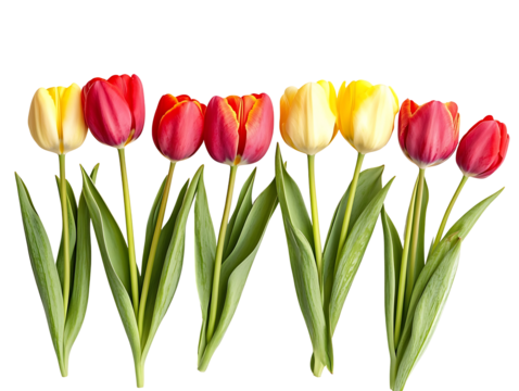 Six tulips row spring flowers isolated on transparent background
