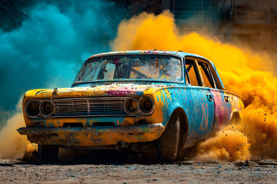 Demolition Derby. Smash and Crash Car Painted with Spray Paint in Action