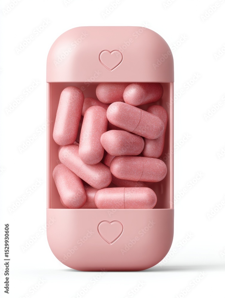 Aufkleber Pillbox Filled With Pink Heart Icon Pills Showcasing Soft Shadows and a Clean Top Margin for a Serene Atmosphere