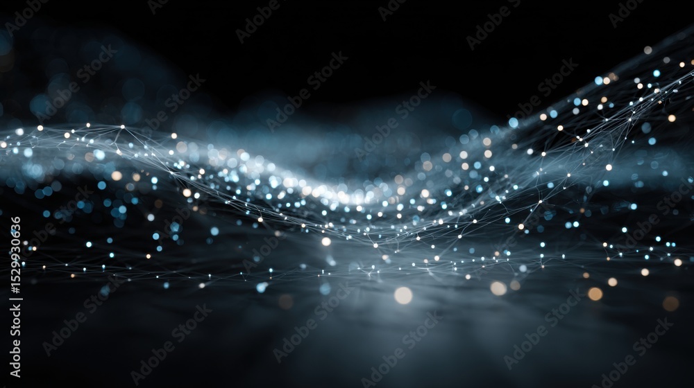 Poster glowing particles and lines are arranged in a flowing wave pattern against a dark background, creati