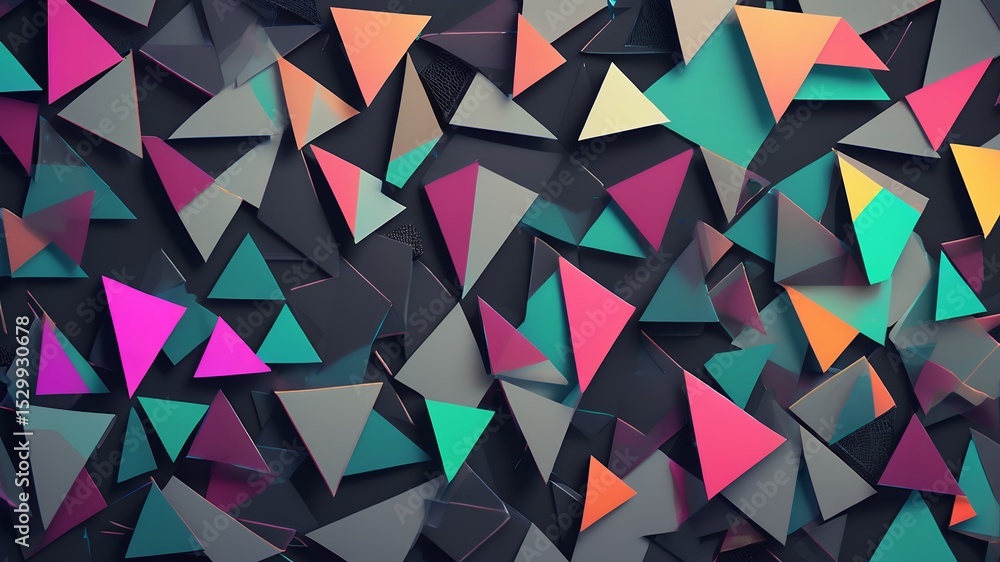 Poster A vibrant array of triangles scattered across a dark surface creating a modern abstract design