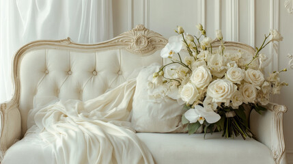 A stunning bouquet of white roses and orchids rests on a vintage white sofa, ready for a wedding.