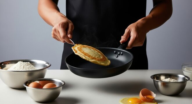 Male cooking pancakes in kitchen with eggs and flour on countertop