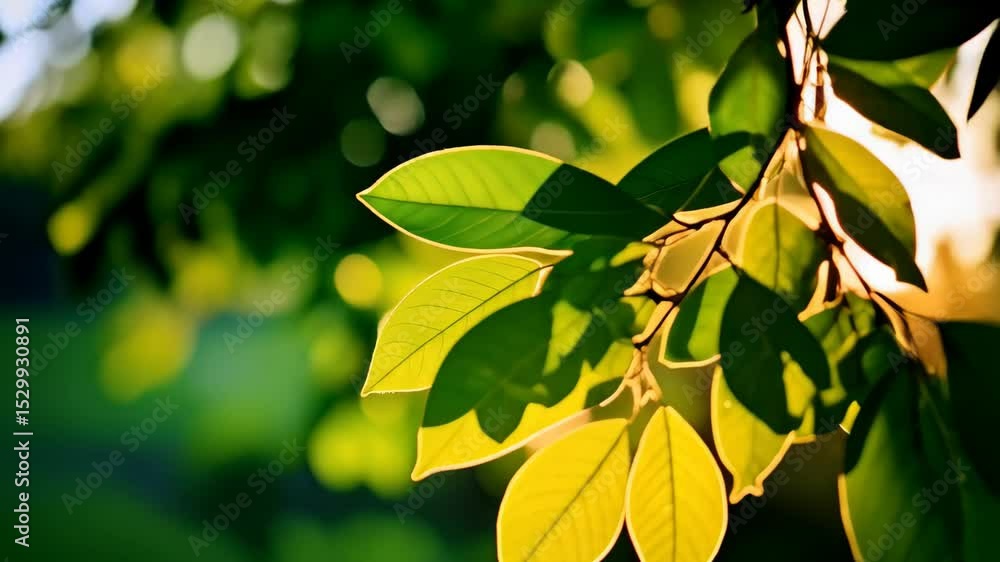 Poster sunlight filters through lush green leaves, creating a warm, peaceful scene with bokeh effect and de