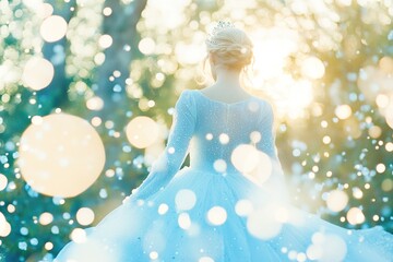 Elegant bride with bokeh effects. Princess Fairy Tales Show princess themed party with costume