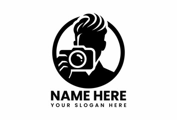 Minimalist black vector logo design featuring male visual artist holding professional camera ready for photoshoot