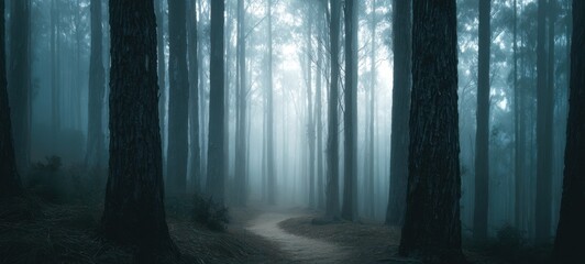 Naklejka premium The mystical forest path shrouded in fog under towering trees.
