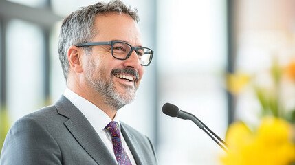 Caucasian male speaker smiling at podium in business suit delivering presentation