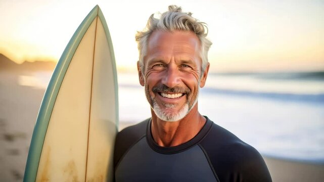 Portrait if a Mature Surfer on a Beach with Surfboard
