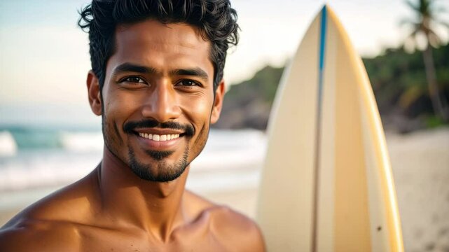 Portrait if a Surfer on a Beach with Surfboard