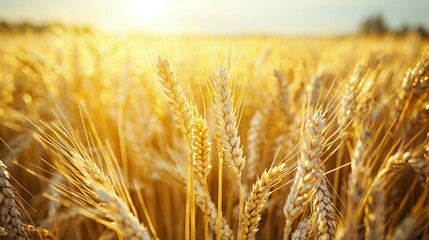 Fototapeta premium Golden wheat field bathed in sunlight.
