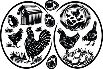 Rustic Farmhouse Chickens – Charming Chicken Illustrations in Various Poses and Sizes

