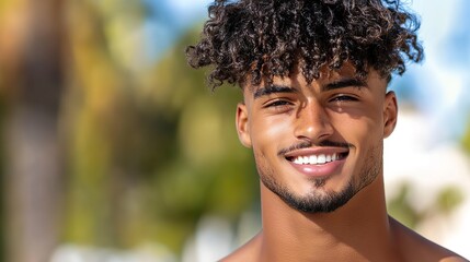 Smiling young multiracial male with curly hair in sunlit outdoor setting