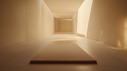 A minimalist living room featuring a single beige rug in the center of the room. The surrounding area is completely empty, emphasizing clean, open floor space and natural light