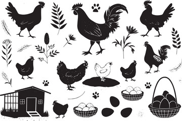 Rustic Farmhouse Chickens – Charming Chicken Illustrations in Various Poses and Sizes

