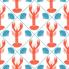 Cute hand drawn red lobster and blue seashells summertime seamless vector pattern background illustration	