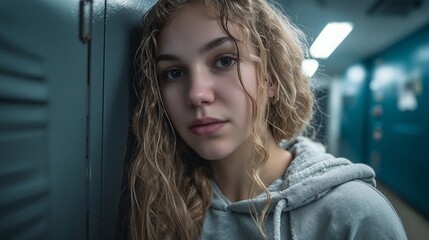 Portrait of a Young Woman with Curly Hair in a School Corridor