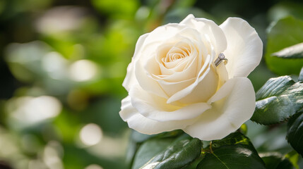 A white rose bouquet and wedding rings rest on natural greenery, captured in a serene outdoor scene. 