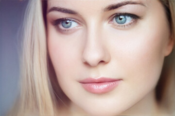 Natural beauty and skincare elegance, blonde woman with clear fair skin, soft makeup and blue eyes, posing serenely against a muted background