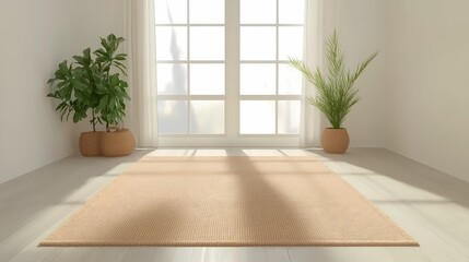 Fototapeta premium A minimalist living room featuring a single beige rug in the center of the room. The surrounding area is completely empty, emphasizing clean, open floor space and natural light