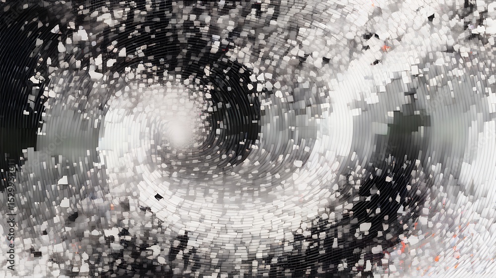 Poster abstract swirling pattern of black and white shapes creating a vortex like appearance art