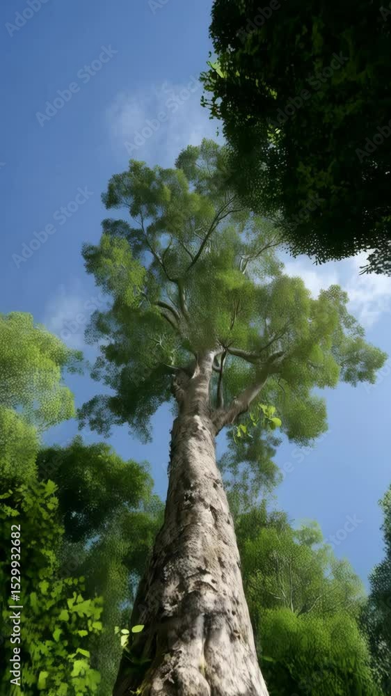 Poster looking up at a towering tree with green leaves against a bright blue sky in a lush forest environme