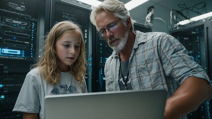 Mentorship Moment: Adult and Child Collaborating on a Laptop in a Server Room