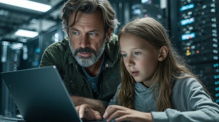 Focused Learning: Girl and Adult Analyzing Data on a Laptop in a Server Room