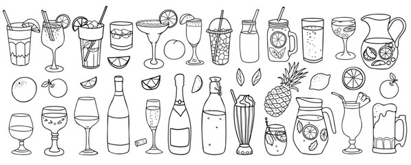 Drinks and fruits set. Cocktails, Wine, Beer and Whiskey. Lemonade, Milkshake, Water, Soda, Ice tea and Smoothie. Lemon, Orange, Pineapple, Apple and Peach. Hand drawn Vector illustration in Doodle