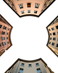 Architectural courtyard view from below with curved buildings