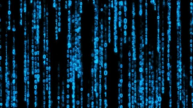  Blue binary code and digital data streams raining down in a classic matrix effect. A futuristic motion background representing hacking, programming, and virtual reality.
