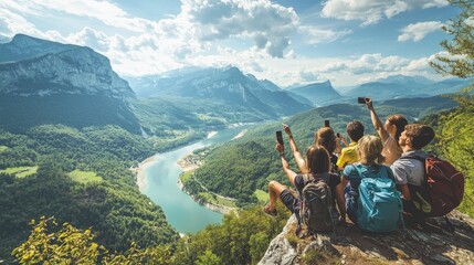 Fototapeta premium Group of friends enjoying a scenic mountain vista.