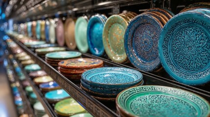 Artisan Plates Displayed in a Colorful Pottery Store
