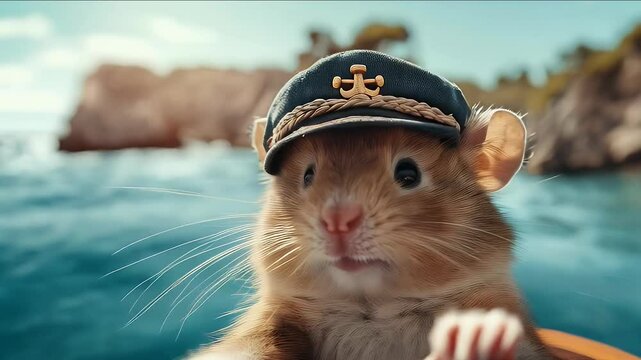 Hamster wearing a Captain's hat on a boat trip