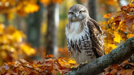 Hawk Resting on a Branch Surrounded by Autumn Foliage