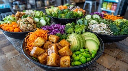 Vibrant Salad Bowls with Fresh Ingredients and Colorful Toppings