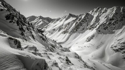 Snow-Covered Mountain Valley in Black and White